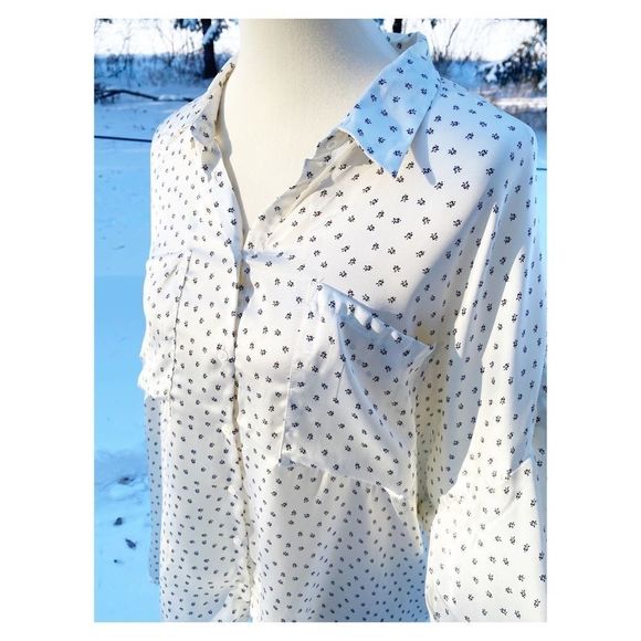 DH3 Button Down Cream Print Blouse Top 3/4 Sleeve Ditzy Floral Sz XL - Picture 1 of 13